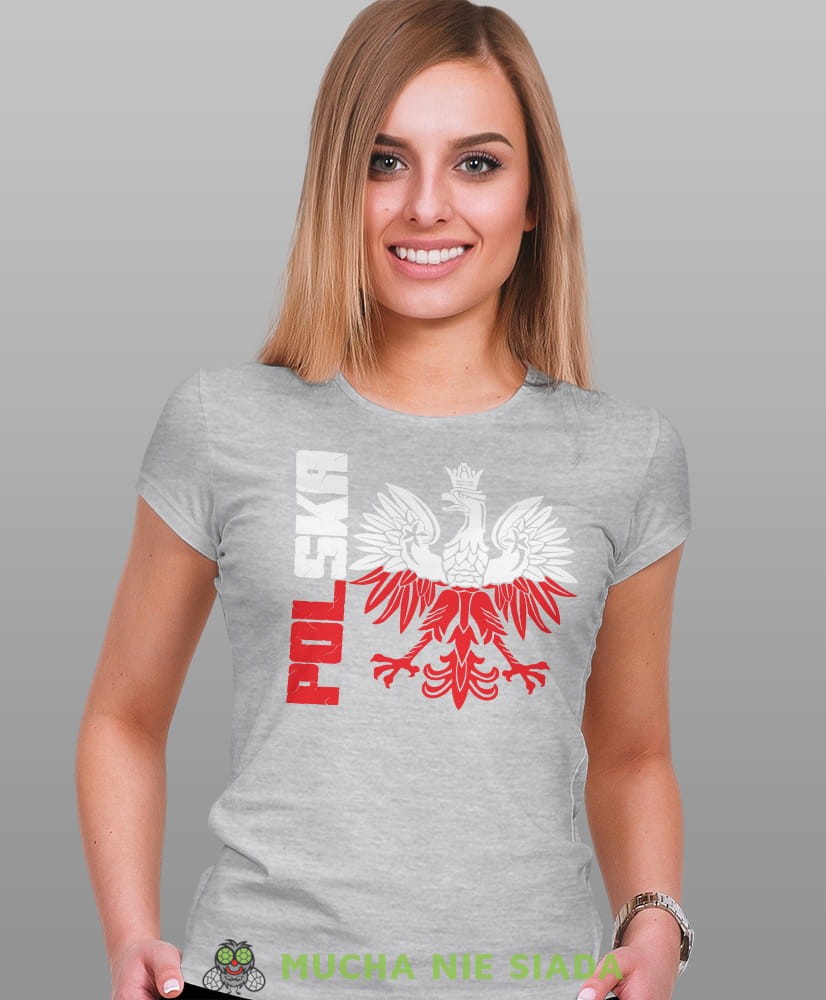 Polska Orzeł Polski biało czerwony szara damska koszulka patriotyczna, patriotka, koszulka dla niej, dla dziewczyny, koszulka na prezent.jpg