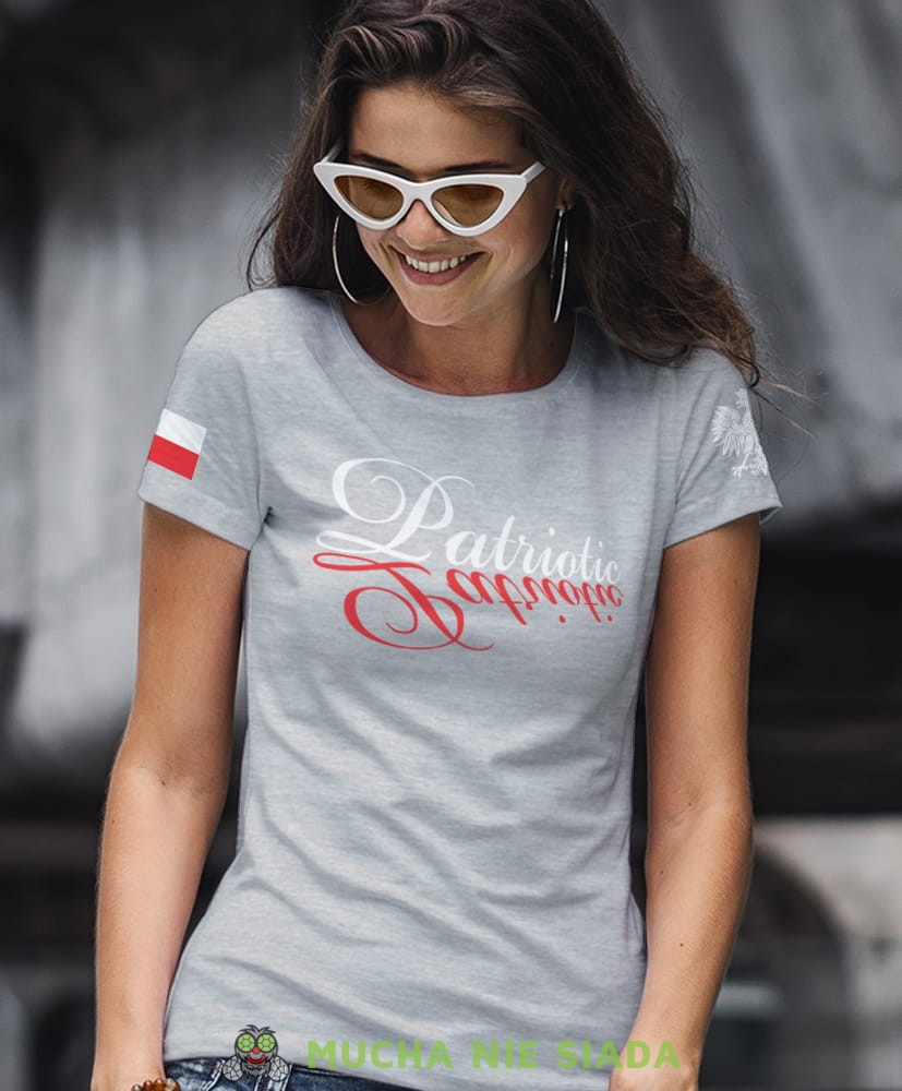 patriotic Orzeł Polski flaga szara damska koszulka patriotyczna, patriotka, koszulka dla niej, dla dziewczyny, koszulka na prezent.jpg