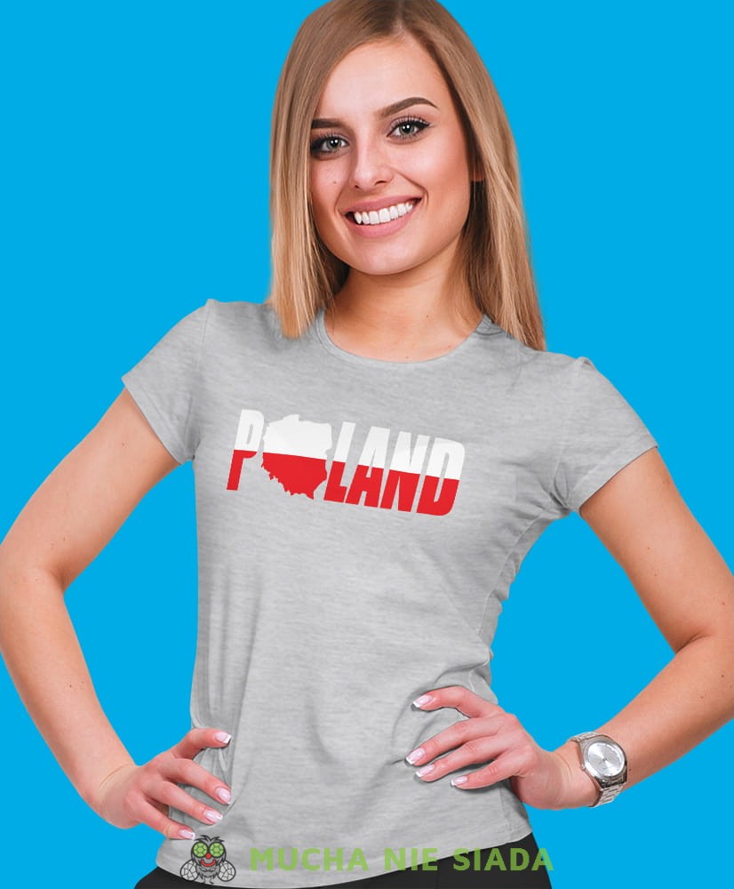 Poland biało czerwony szara damska koszulka patriotyczna, patriotka, koszulka dla niej, dla dziewczyny, koszulka na prezent.jpg