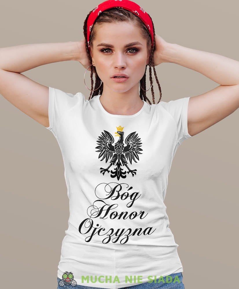 Bóg Honor Ojczyzna Orzeł Polski biała damska koszulka patriotyczna, patriotka, koszulka dla niej, dla dziewczyny, koszulka na prezent.jpg