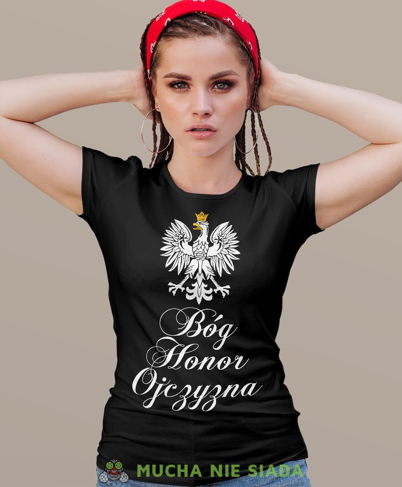 Bóg Honor Ojczyzna Orzeł Polski czarna damska koszulka patriotyczna, patriotka, koszulka dla niej, dla dziewczyny, koszulka na prezent.jpg