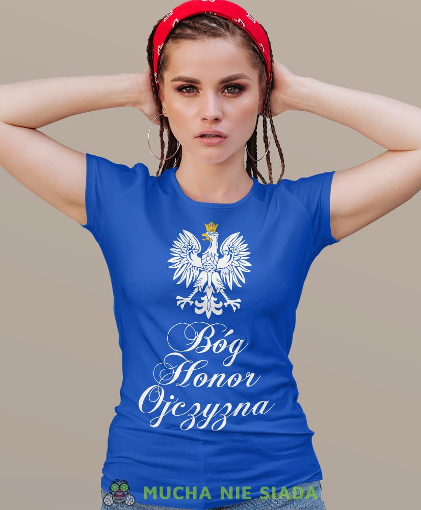 Bóg Honor Ojczyzna Orzeł Polski niebieska damska koszulka patriotyczna, patriotka, koszulka dla niej, dla dziewczyny, koszulka na prezent.jpg
