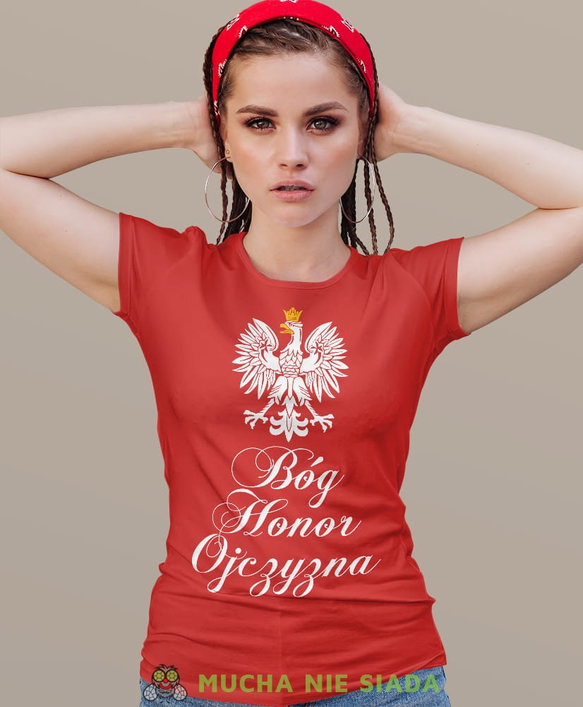 Bóg Honor Ojczyzna Orzeł Polski czerwona damska koszulka patriotyczna, patriotka, koszulka dla niej, dla dziewczyny, koszulka na prezent.jpg