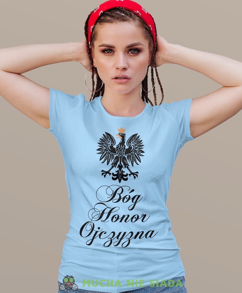 Bóg Honor Ojczyzna Orzeł Polski jasnoniebieska damska koszulka patriotyczna, patriotka, koszulka dla niej, dla dziewczyny, koszulka na prezent.jpg