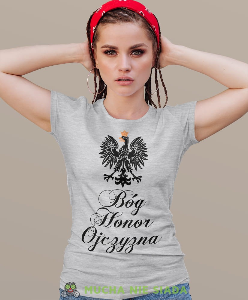 Bóg Honor Ojczyzna Orzeł Polski szara damska koszulka patriotyczna, patriotka, koszulka dla niej, dla dziewczyny, koszulka na prezent.jpg