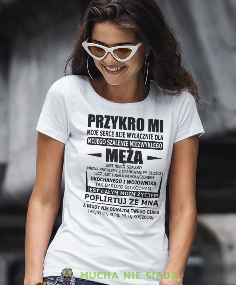 przykro mi moje serce bije wyłącznie dla mojego męża biała damska koszulka dla żony z nadrukiem na prezent na urodziny.jpg