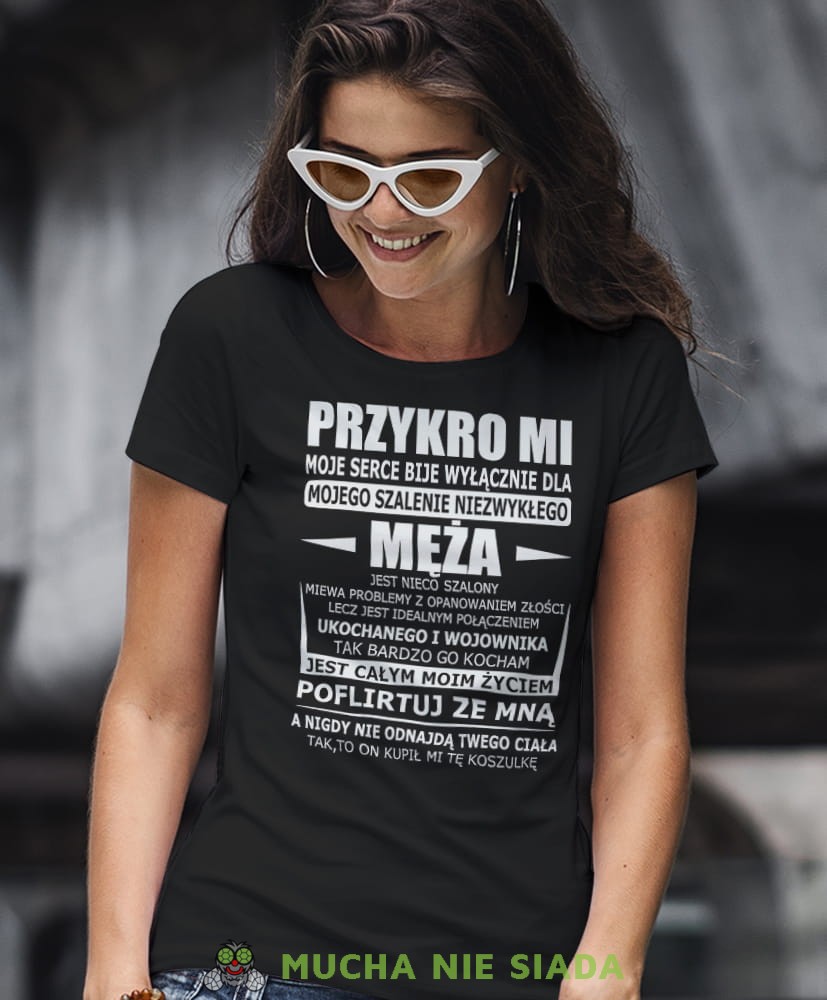 przykro mi moje serce bije wyłącznie dla mojego męża czarna damska koszulka dla żony z nadrukiem na prezent na urodziny.jpg