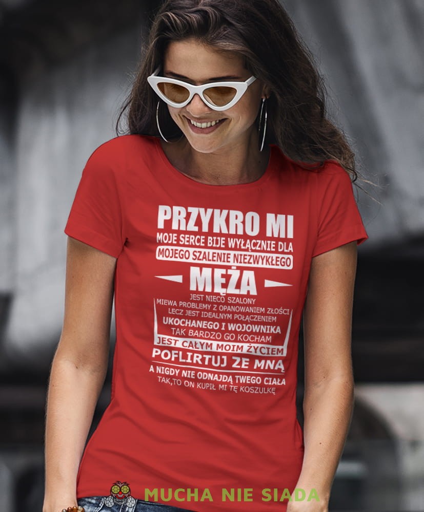 przykro mi moje serce bije wyłącznie dla mojego męża czerwona damska koszulka dla żony z nadrukiem na prezent na urodziny.jpg