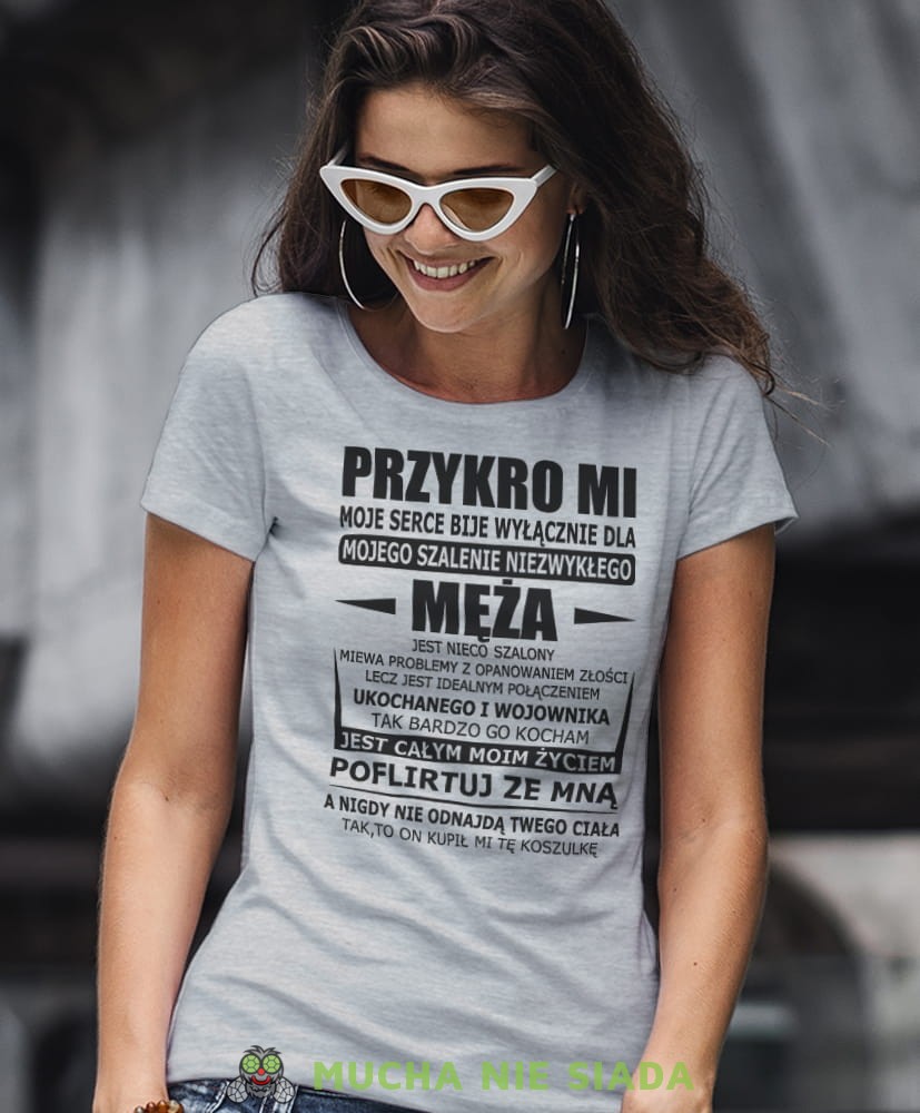 przykro mi moje serce bije wyłącznie dla mojego męża szara damska koszulka dla żony z nadrukiem na prezent na urodziny.jpg