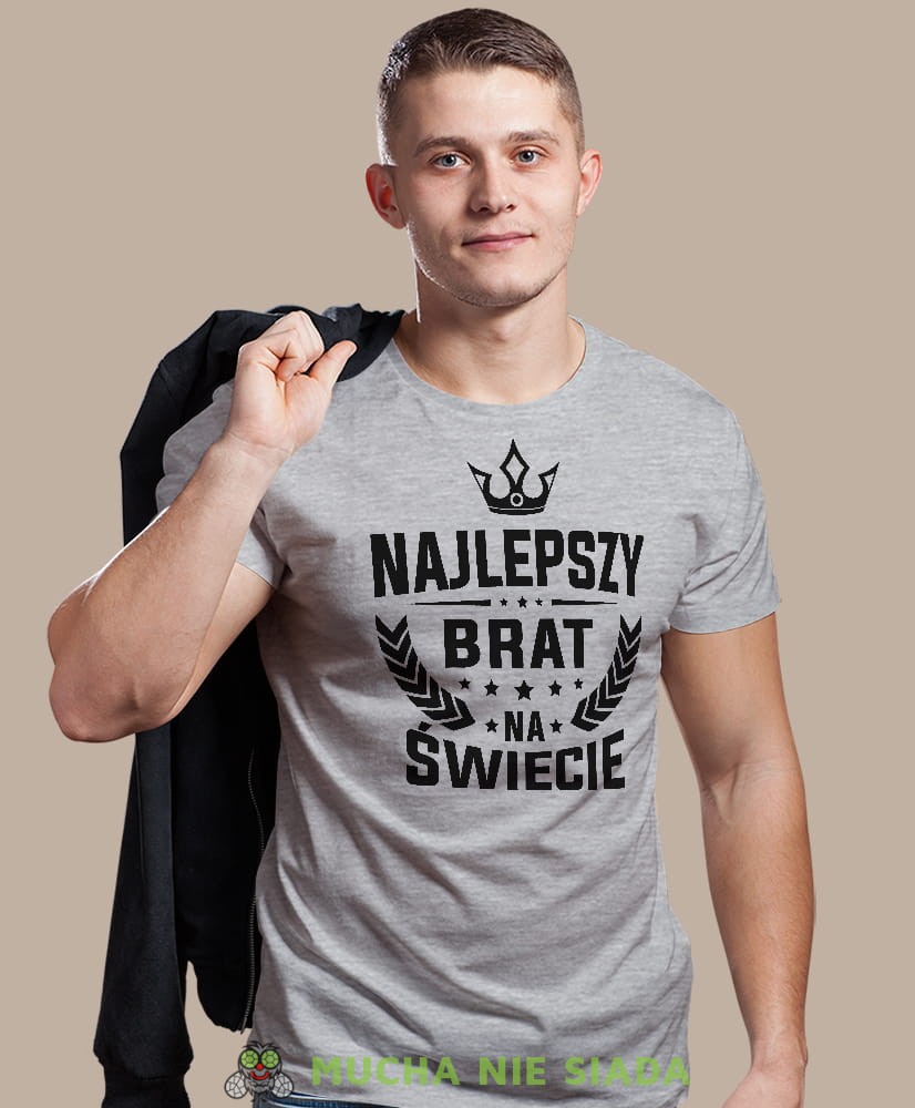 najlepszy brat na świecie korona, szara męska koszulka dla brata, koszulka z nadrukiem, na prezent, na urodziny.jpg