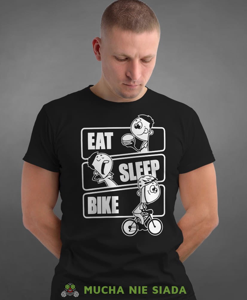 eat sleep bike, czarna męska koszulka rowerowa z nadrukiem, na rower, na co dzień, na prezent, fajna koszulka dla chłopaka, rower, rowerzysta.jpg