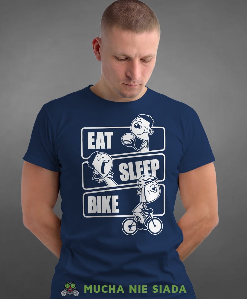 eat sleep bike, granatowa męska koszulka rowerowa z nadrukiem, na rower, na co dzień, na prezent, fajna koszulka dla chłopaka, rower, rowerzysta.jpg