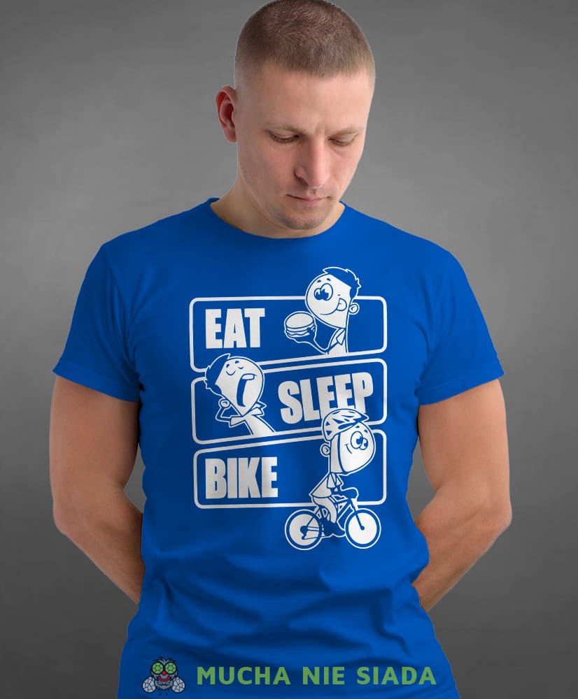 eat sleep bike, niebieska męska koszulka rowerowa z nadrukiem, na rower, na co dzień, na prezent, fajna koszulka dla chłopaka, rower, rowerzysta.jpg