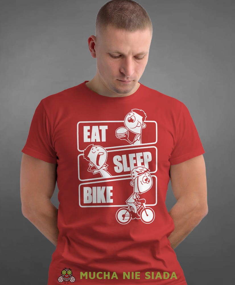 eat sleep bike, czerwona męska koszulka rowerowa z nadrukiem, na rower, na co dzień, na prezent, fajna koszulka dla chłopaka, rower, rowerzysta.jpg