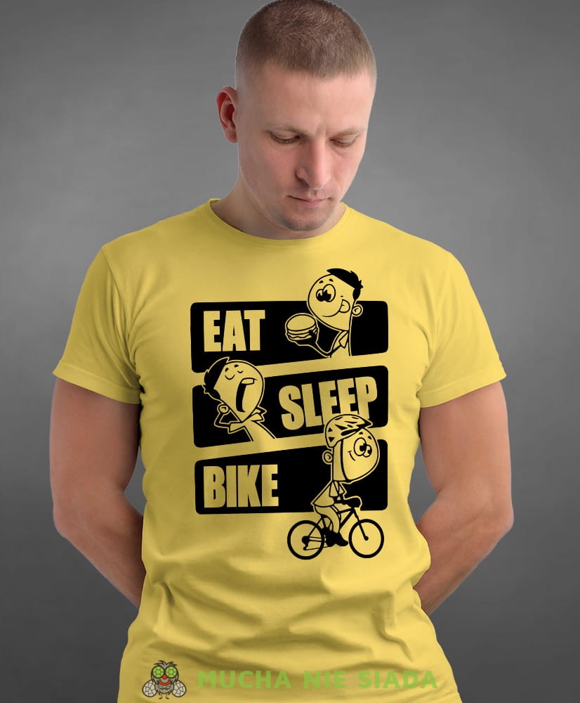 eat sleep bike, żółta męska koszulka rowerowa z nadrukiem, na rower, na co dzień, na prezent, fajna koszulka dla chłopaka, rower, rowerzysta.jpg