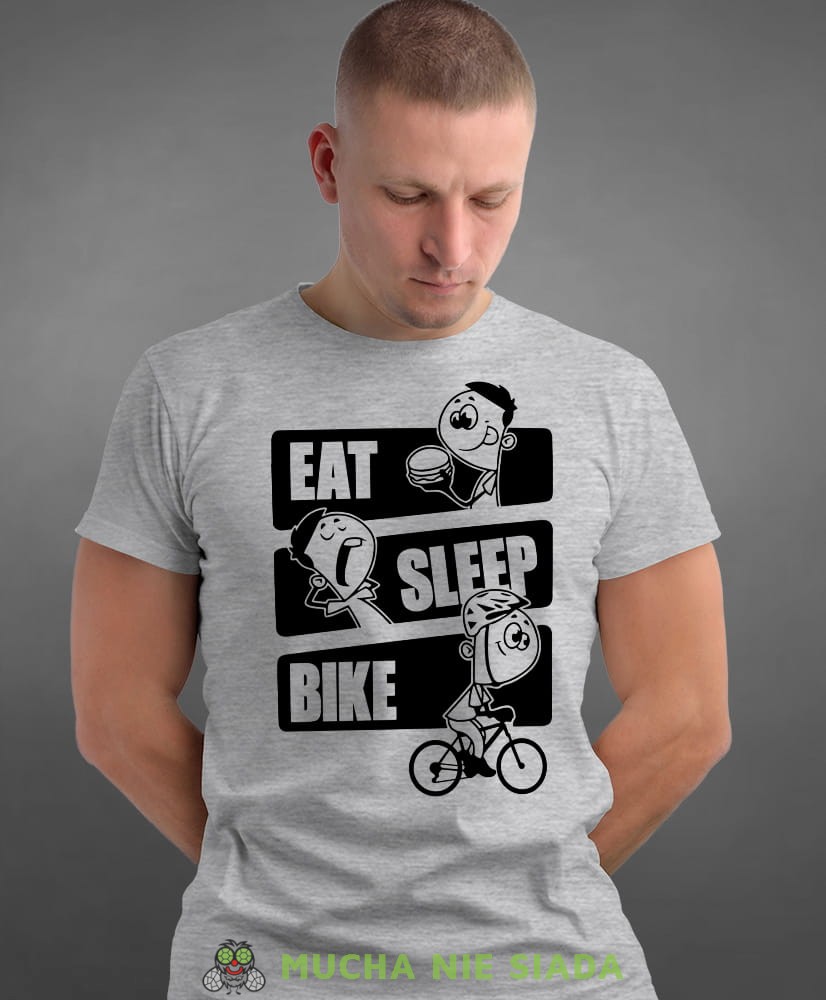 eat sleep bike, szara męska koszulka rowerowa z nadrukiem, na rower, na co dzień, na prezent, fajna koszulka dla chłopaka, rower, rowerzysta.jpg