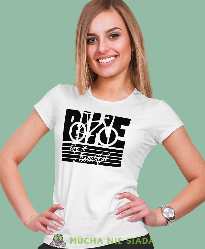 bike life is beautiful, biała damska koszulka rowerowa z nadrukiem, na rower, fajna koszulka dla rowerzystki, na co dzień, na prezent.jpg