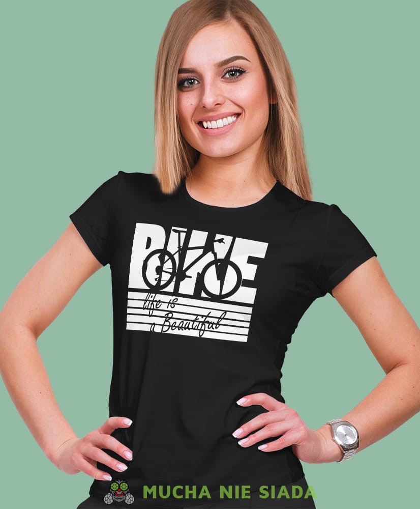 bike life is beautiful, czarna damska koszulka rowerowa z nadrukiem, na rower, fajna koszulka dla rowerzystki, na co dzień, na prezent.jpg
