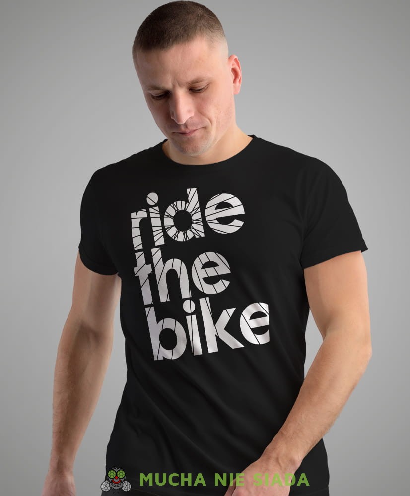 ride the bike, czarna męska koszulka rowerowa z nadrukiem, na rower, na co dzień, na prezent, fajna koszulka dla chłopaka, rower, rowerzysta.jpg