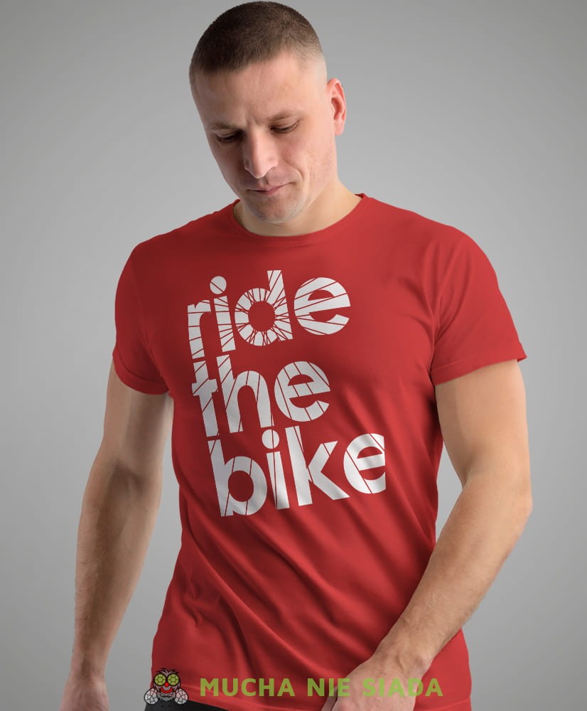 ride the bike, czerwone męska koszulka rowerowa z nadrukiem, na rower, na co dzień, na prezent, fajna koszulka dla chłopaka, rower, rowerzysta.jpg