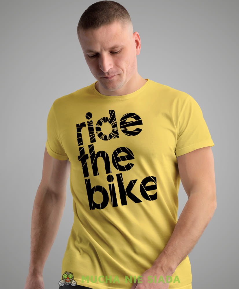 ride the bike, żółta męska koszulka rowerowa z nadrukiem, na rower, na co dzień, na prezent, fajna koszulka dla chłopaka, rower, rowerzysta.jpg
