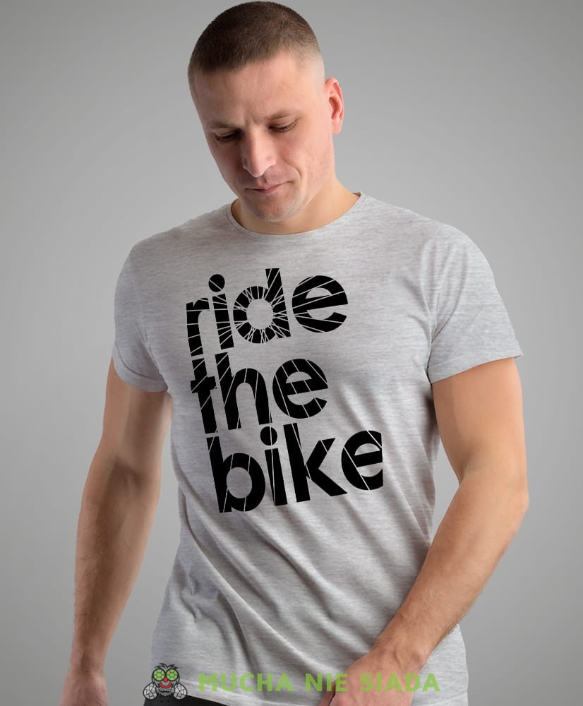 ride the bike, szara męska koszulka rowerowa z nadrukiem, na rower, na co dzień, na prezent, fajna koszulka dla chłopaka, rower, rowerzysta.jpg