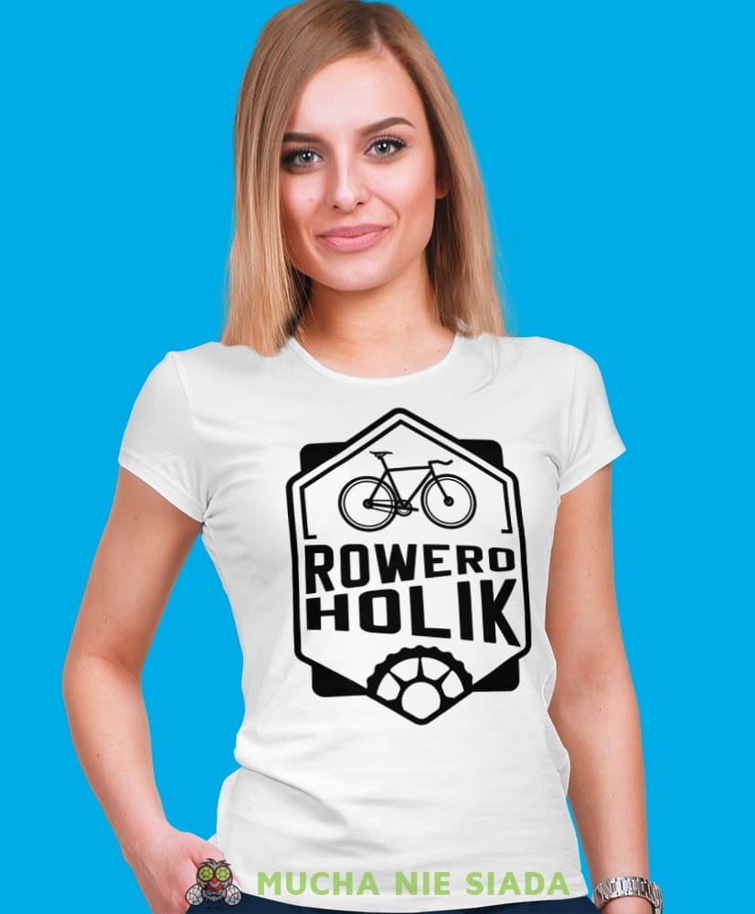 roweroholik, biała damska koszulka rowerowa z nadrukiem, na rower, fajna koszulka dla rowerzystki, na co dzień, na prezent .jpg
