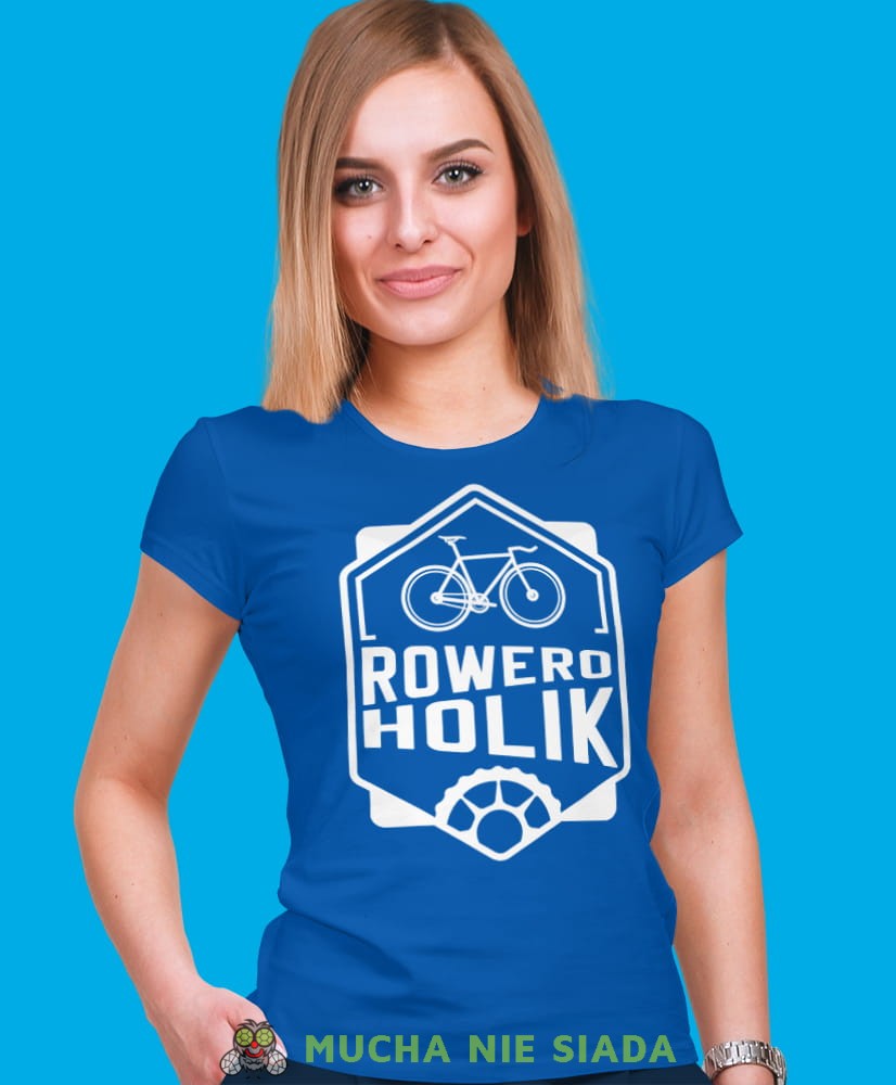 roweroholik, niebieska damska koszulka rowerowa z nadrukiem, na rower, fajna koszulka dla rowerzystki, na co dzień, na prezent .jpg