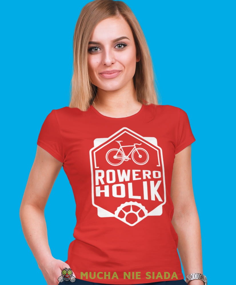 roweroholik, czerwona damska koszulka rowerowa z nadrukiem, na rower, fajna koszulka dla rowerzystki, na co dzień, na prezent .jpg