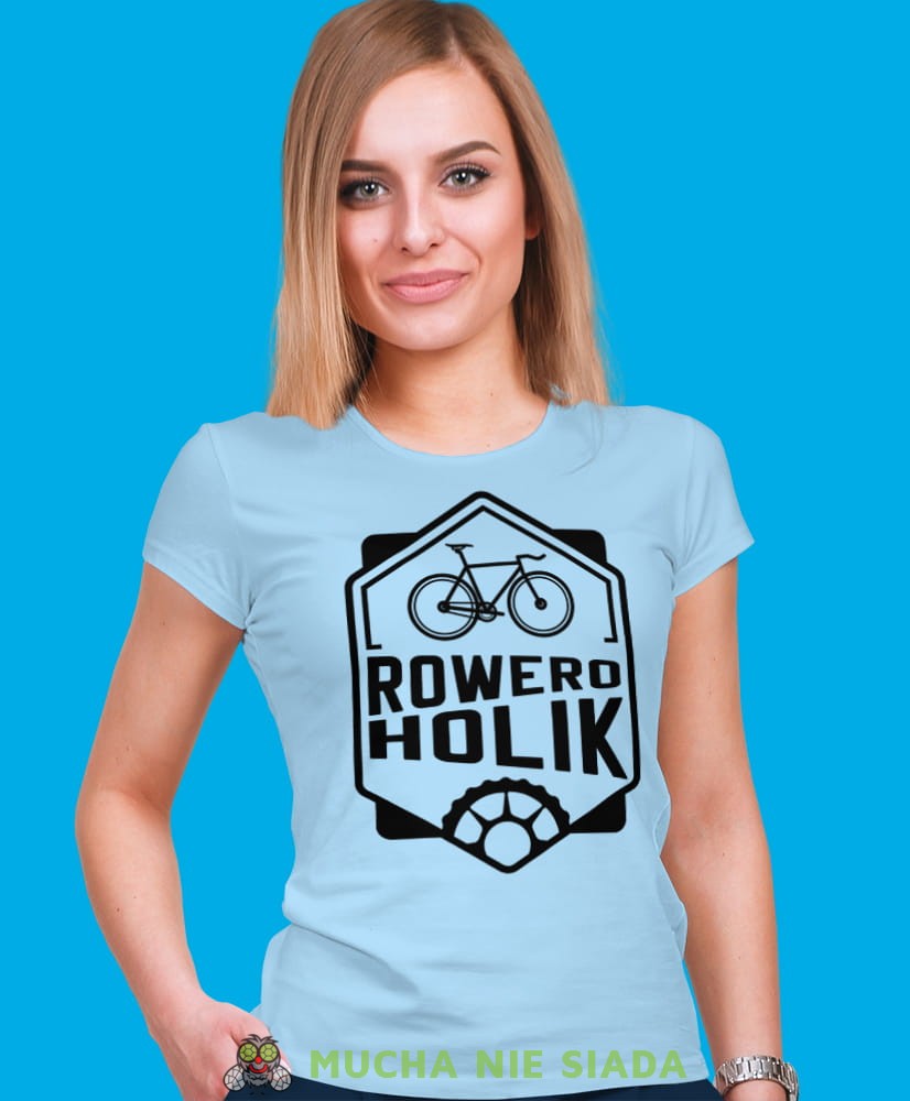 roweroholik, jasno niebieska damska koszulka rowerowa z nadrukiem, na rower, fajna koszulka dla rowerzystki, na co dzień, na prezent .jpg