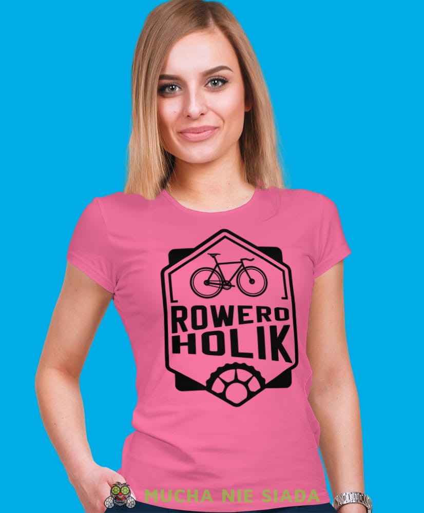 roweroholik, różowa damska koszulka rowerowa z nadrukiem, na rower, fajna koszulka dla rowerzystki, na co dzień, na prezent .jpg
