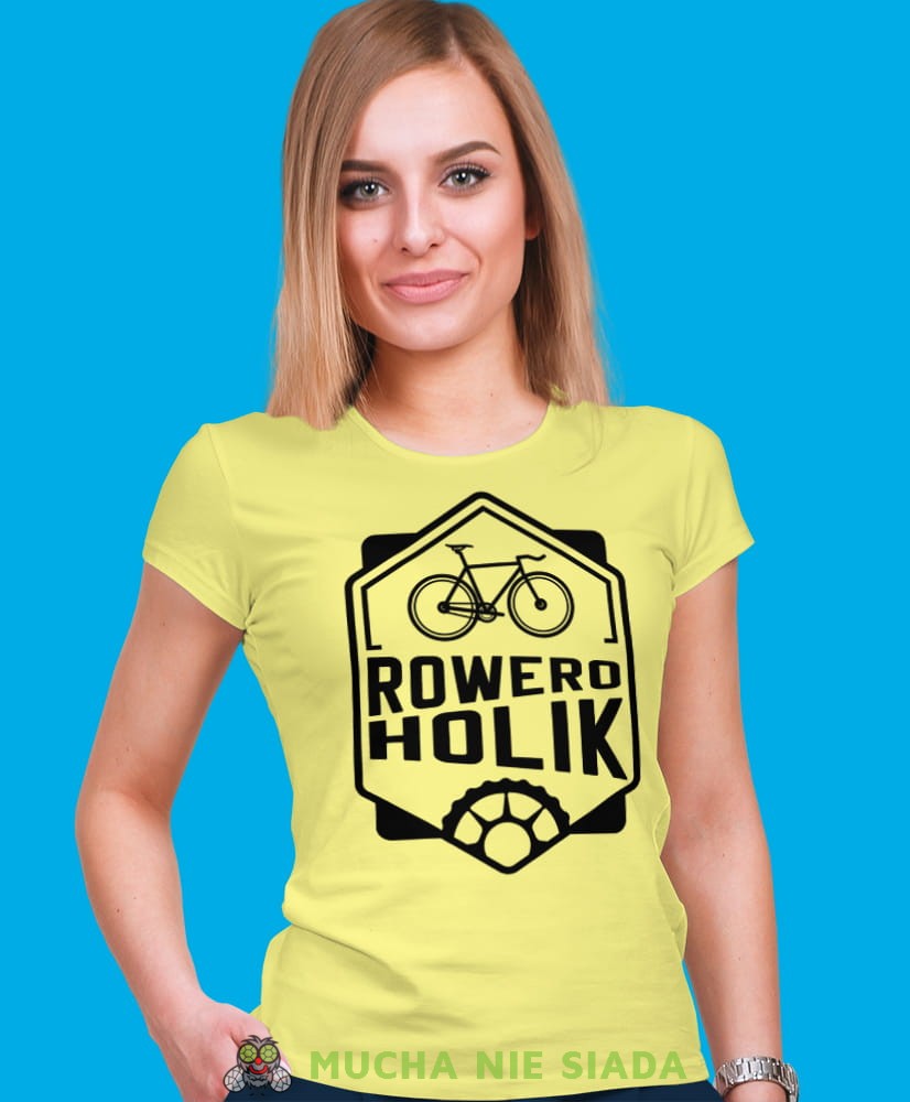 roweroholik, żółta damska koszulka rowerowa z nadrukiem, na rower, fajna koszulka dla rowerzystki, na co dzień, na prezent .jpg