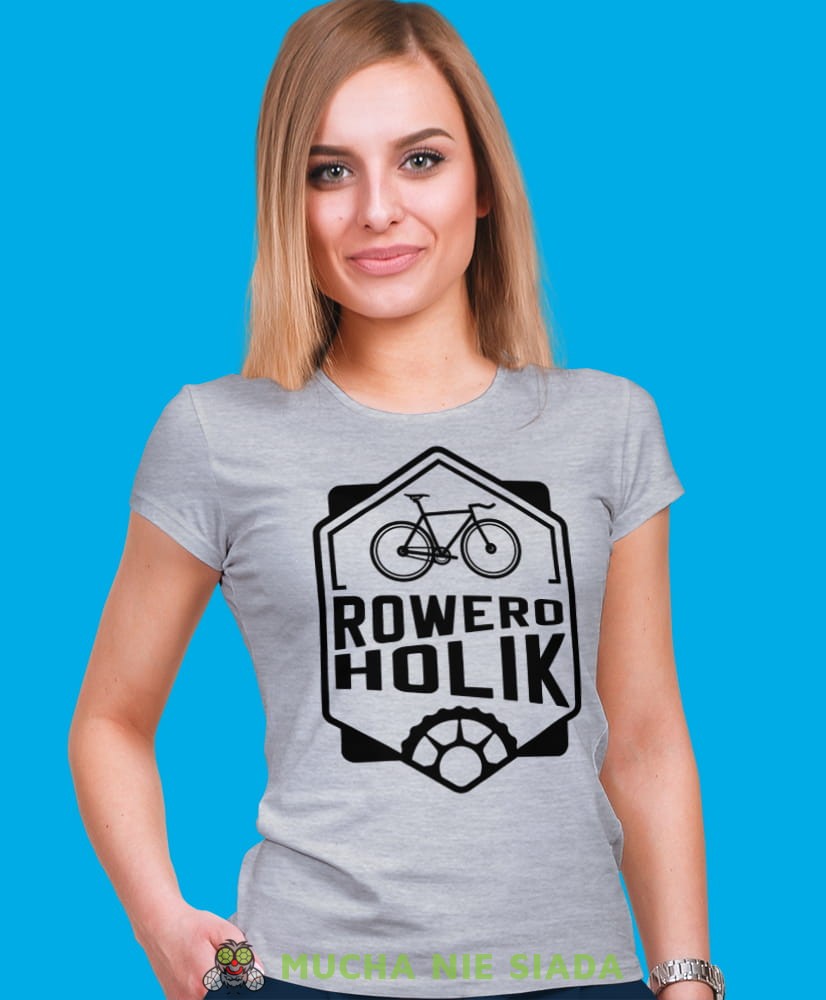 roweroholik, szara damska koszulka rowerowa z nadrukiem, na rower, fajna koszulka dla rowerzystki, na co dzień, na prezent .jpg