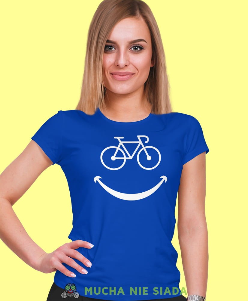 rower uśmiech, niebieska damska koszulka rowerowa z nadrukiem, na rower, fajna koszulka dla rowerzystki, na co dzień, na prezent .jpg