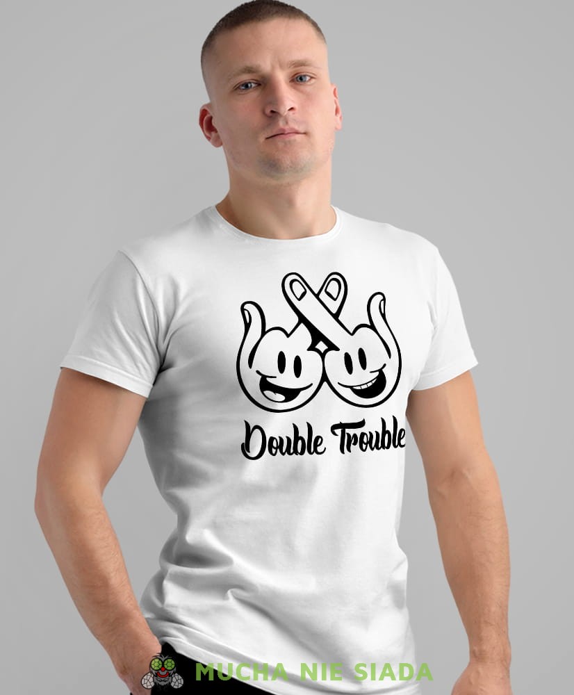double trouble, biała męska koszulka z nadrukiem na co dzień, na prezent, fajna koszulka, dla męża, dla chłopaka.jpg