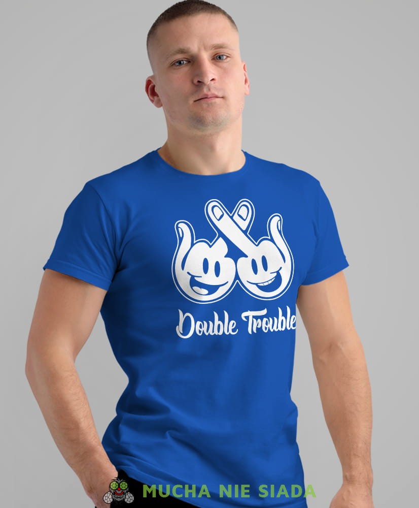 double trouble, niebieska męska koszulka z nadrukiem na co dzień, na prezent, fajna koszulka, dla męża, dla chłopaka.jpg