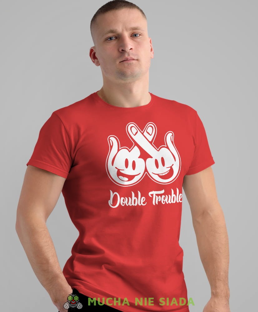 double trouble, czerwona męska koszulka z nadrukiem na co dzień, na prezent, fajna koszulka, dla męża, dla chłopaka.jpg