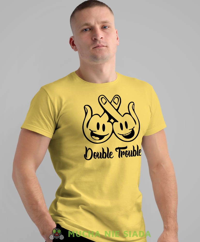 double trouble, żółta męska koszulka z nadrukiem na co dzień, na prezent, fajna koszulka, dla męża, dla chłopaka.jpg