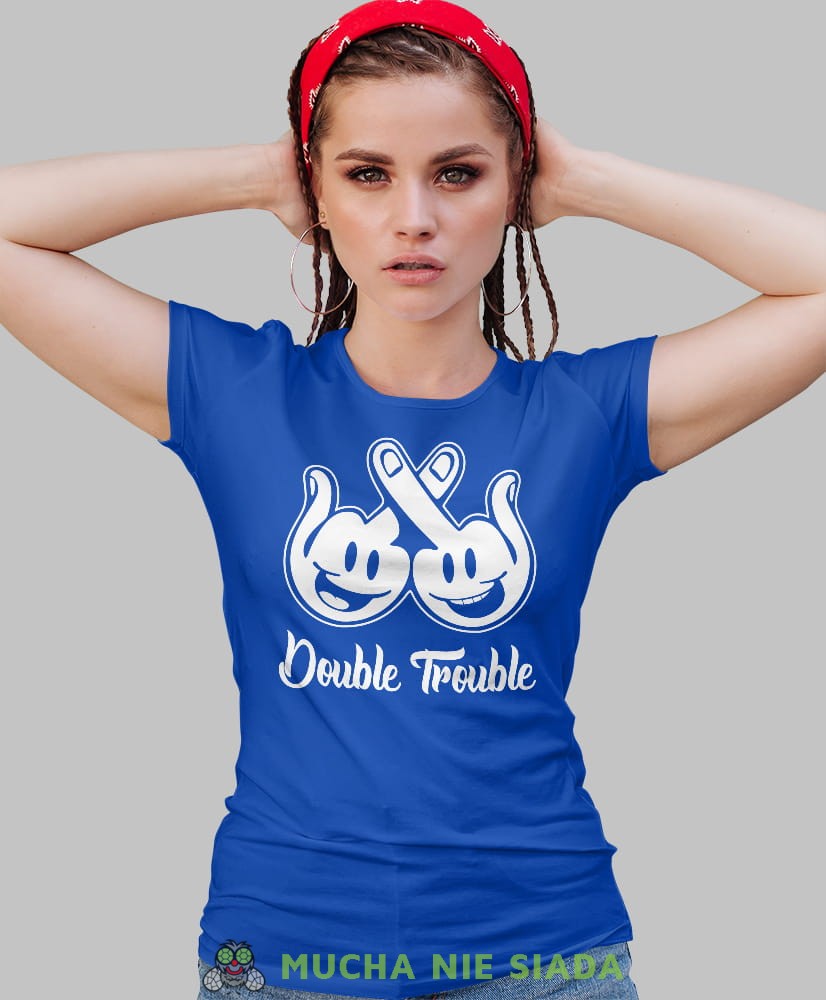 double trouble, niebieska damska koszulka z nadrukiem na prezent, fajna koszulka, dla dziewczyny dla żony.jpg
