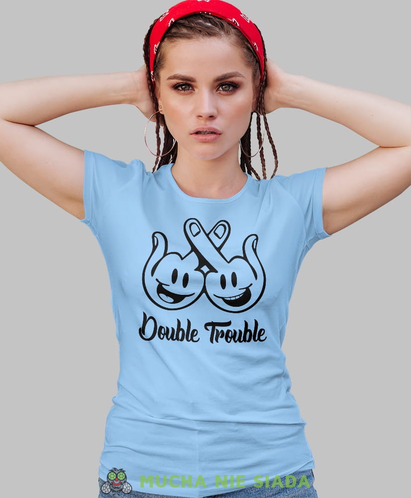 double trouble, jasnoniebieska damska koszulka z nadrukiem na prezent, fajna koszulka, dla dziewczyny dla żony.jpg