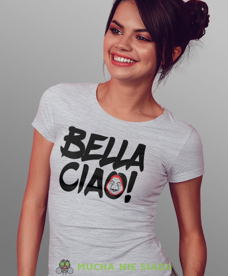 bella ciao! maska dom z papieru, szara damska koszulka z nadrukiem na prezent dla dziewczyny dla żony.jpg