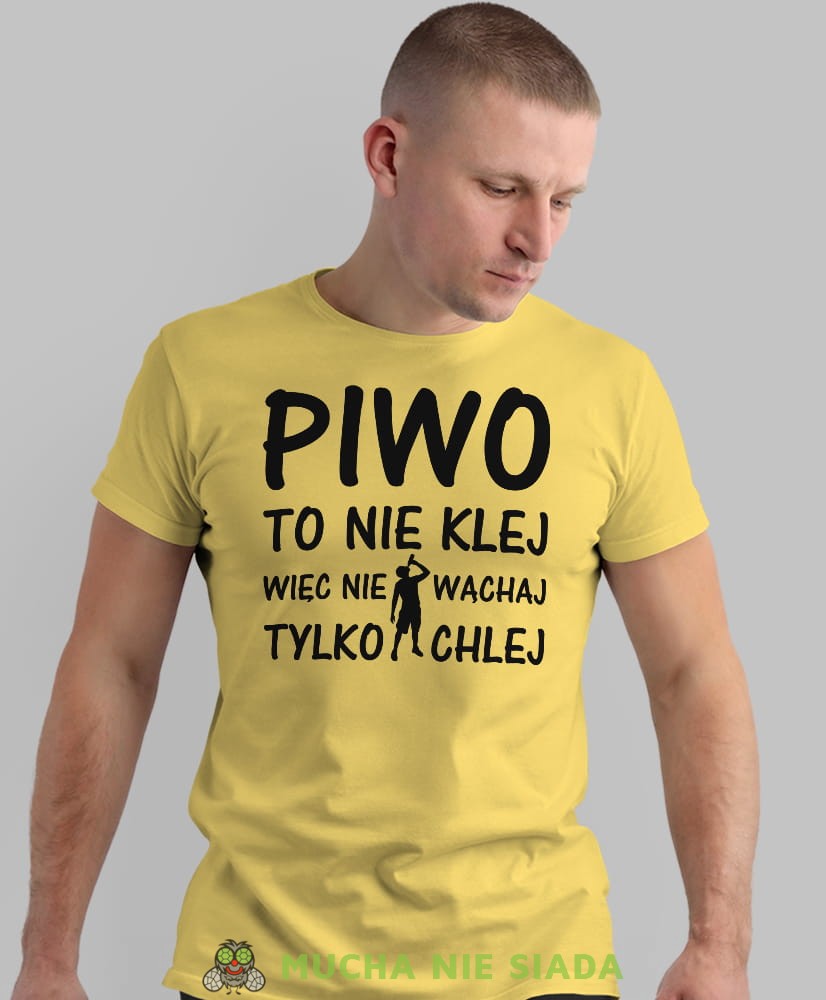 piwo to nie klej więc nie wąchaj tylko chlej, zółta męska koszulka z nadrukiem na co dzień, na prezent, fajna koszulka.jpg