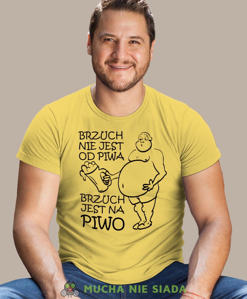brzuch nie jest od piwa brzuch jest na piwo, żółta męska koszulka z nadrukiem na co dzień, na prezent, fajna koszulka.jpg