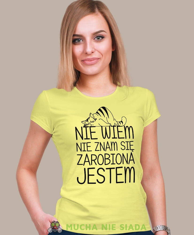nie wiem nie znam się zarobiona jestem, żółta damska koszulka z nadrukiem na prezent, fajna koszulka, dla dziewczyny dla żony.jpg