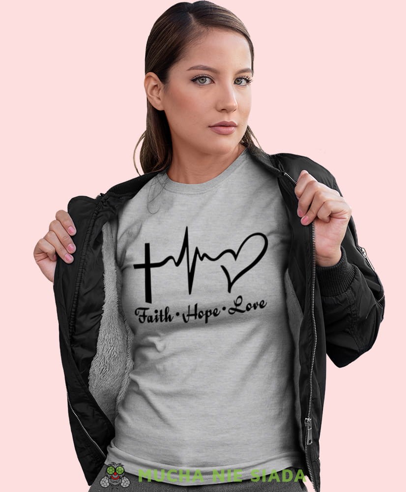 faith hope love, szara damska koszulka z nadrukiem na prezent, fajna koszulka, dla dziewczyny dla żony.jpg