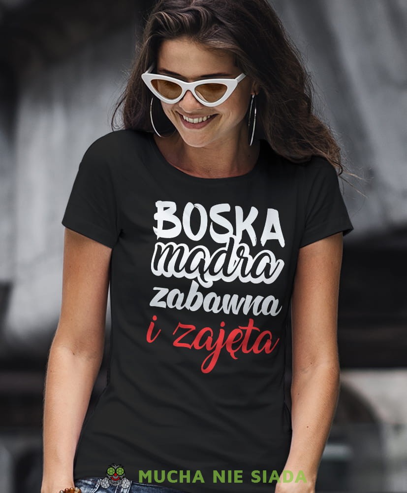 boska mądra zabawna i zajęta, czarna damska koszulka z nadrukiem na prezent, fajna koszulka, dla dziewczyny dla żony.jpg