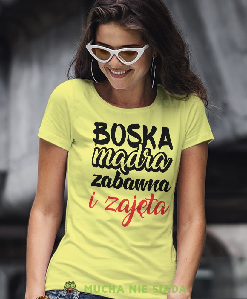 boska mądra zabawna i zajęta, żółta damska koszulka z nadrukiem na prezent, fajna koszulka, dla dziewczyny dla żony.jpg