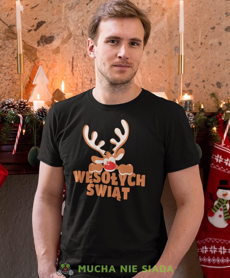 wesołych świąt renifer, czarna męska koszulka z nadrukiem na co dzień, na prezent, fajna koszulka, dla chłopaka, dla męża, mucha nie siada.jpg