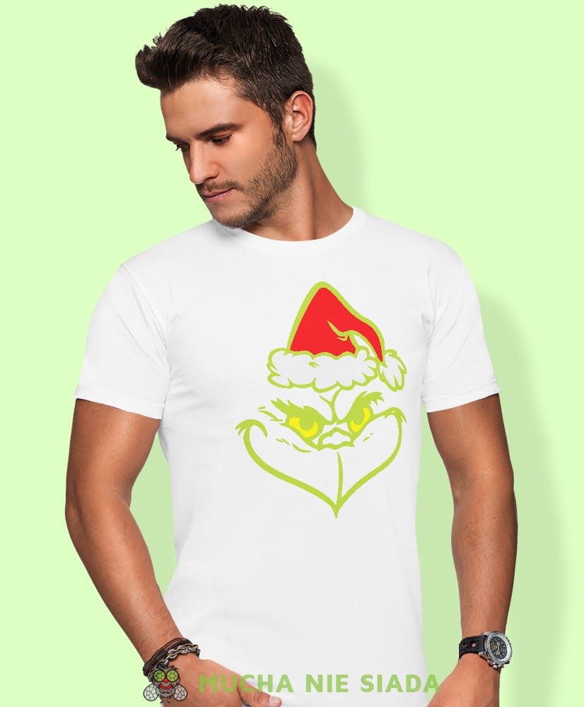 grinch, biała męska koszulka z nadrukiem na co dzień, na prezent, fajna koszulka, dla chłopaka, dla męża, mucha nie siada, koszulka świąteczna.jpg