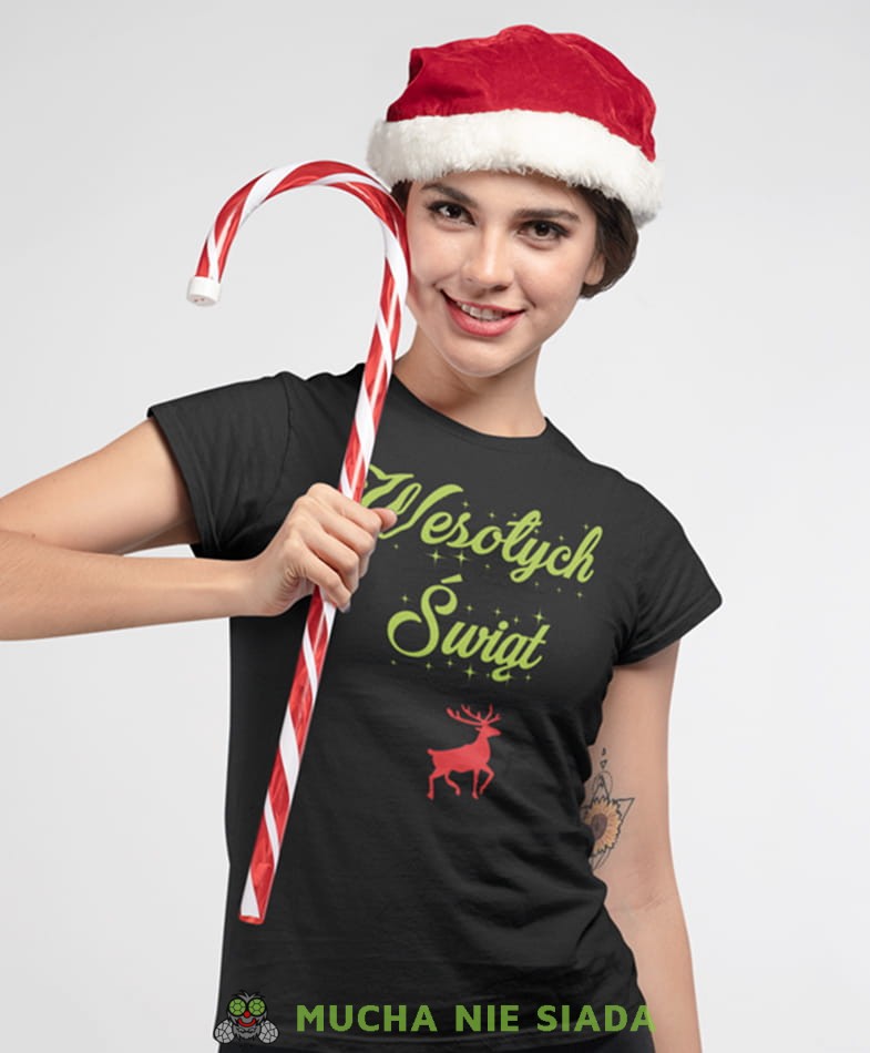 wesołych świąt renifer koszulka świąteczna, czarna damska koszulka z nadrukiem na prezent, fajna koszulka, dla dziewczyny dla żony, wesołych świąt, koszulka świąteczna, mucha nie siada.jpg